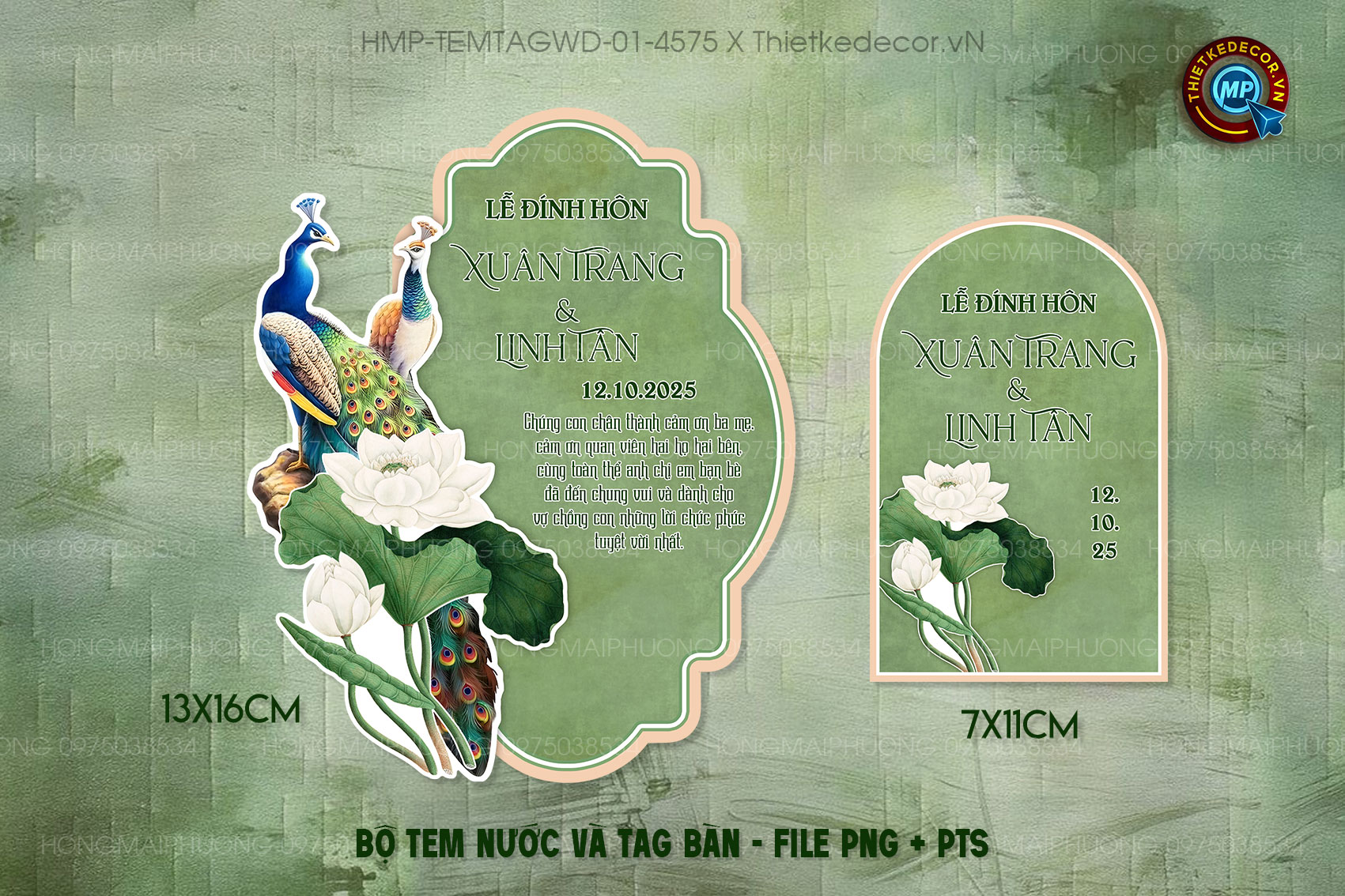 Bộ Tem nước tag bàn tone xanh lá Vintage họa tiết đôi công xinh sang